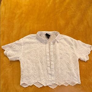 White Eyelet Button-Front Crop Shirt - Women